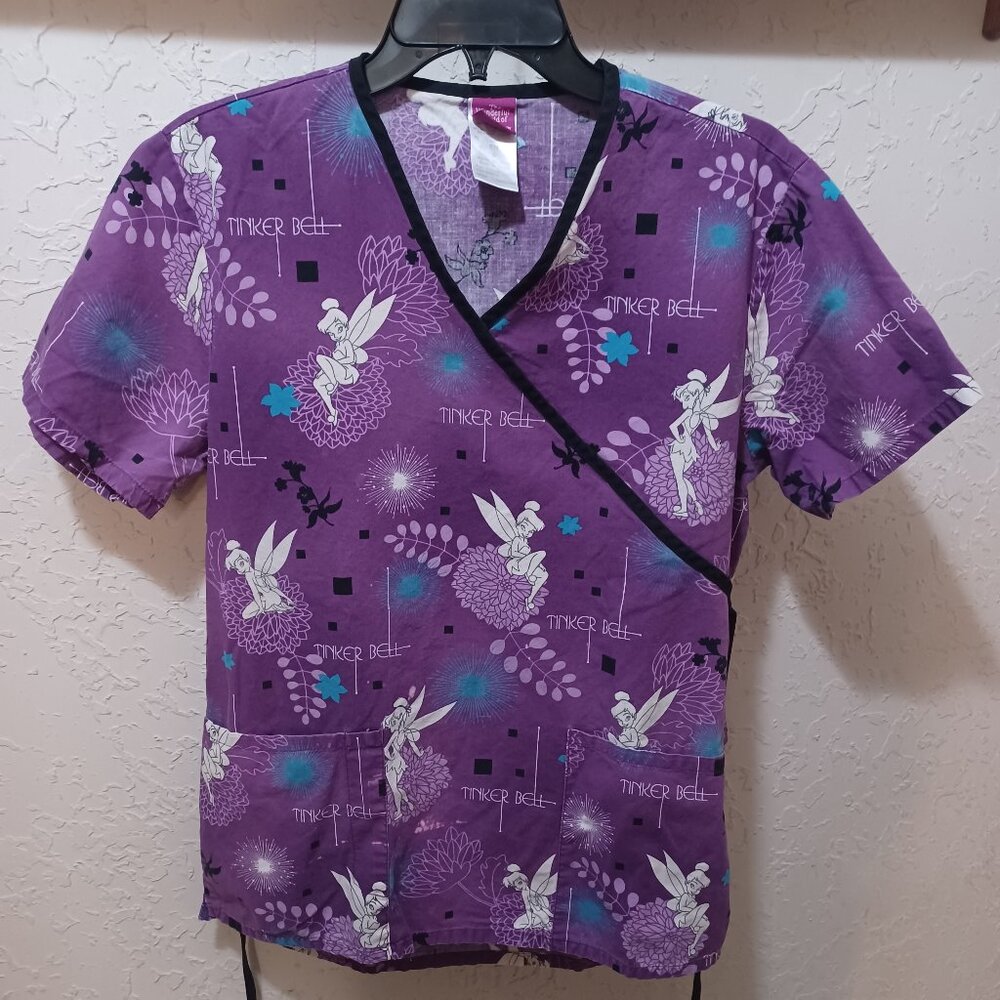 Disney Tinkerbell Scrub Top Womens Small Purple V Neck Waist Tie Wonderful World
